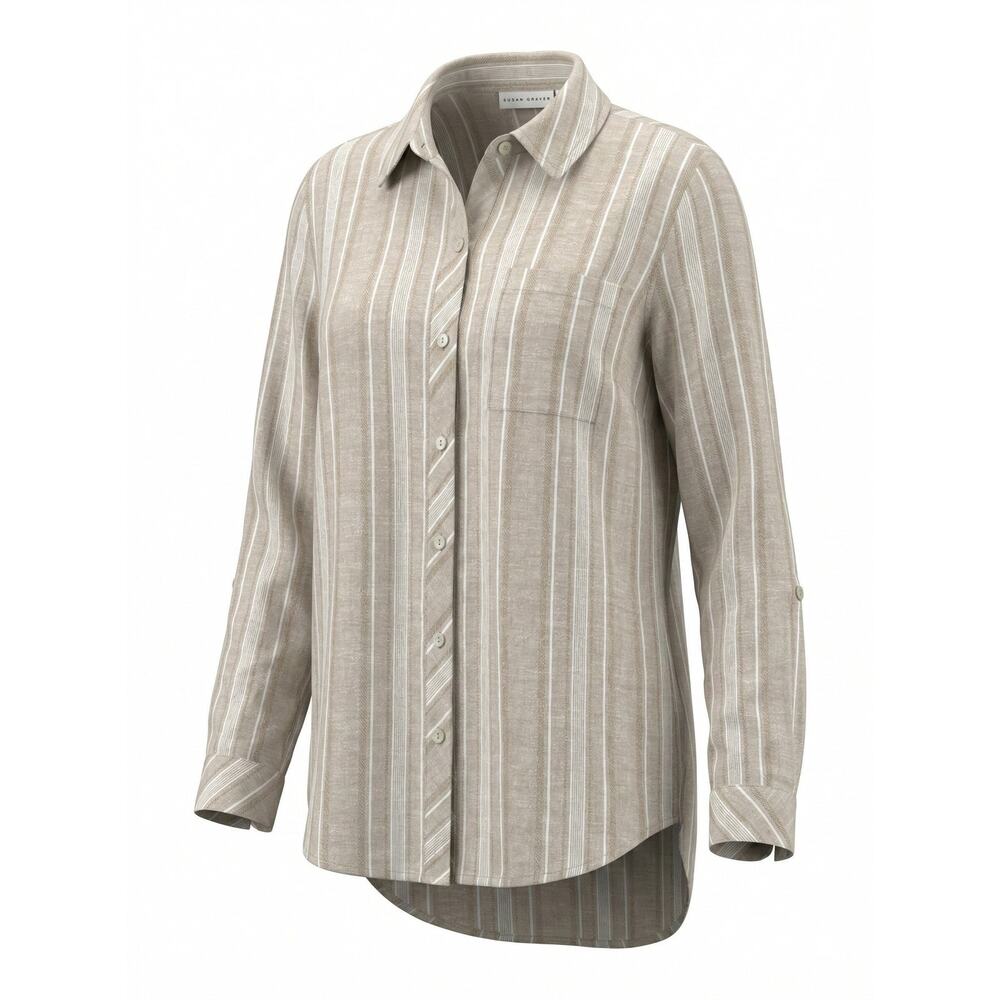 Susan Graver Womens M Coastal Old Money Minimalist Linen Striped Button Up Top